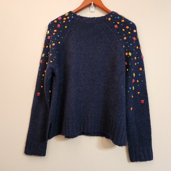 J Crew Blue Embellished Alpaca Wool Blend Crewneck Holiday Sweater Women L Chic - Picture 11 of 16